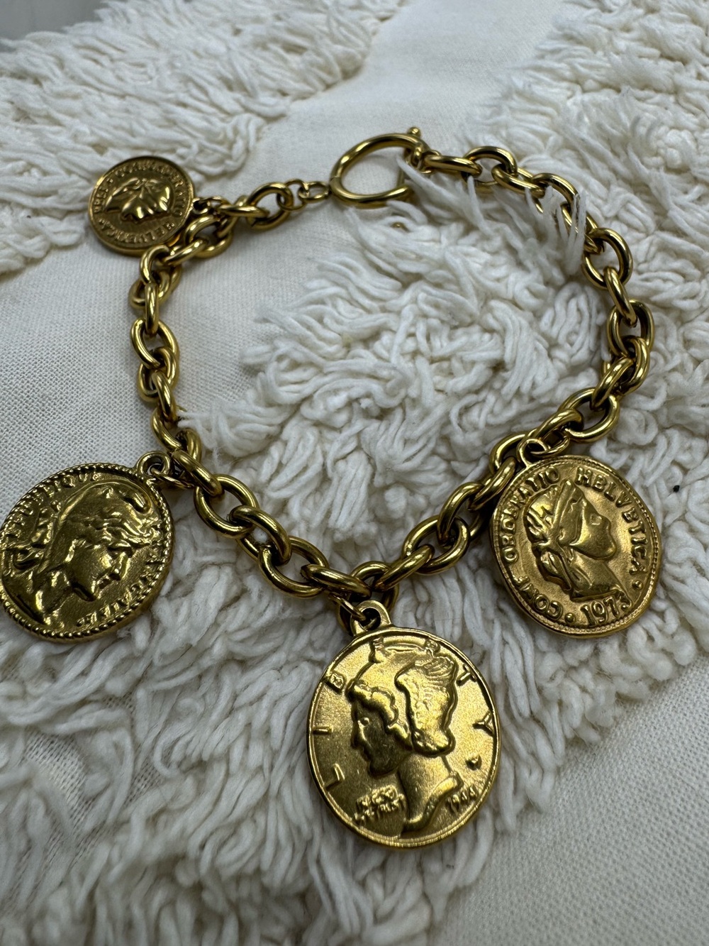 14K Gold Plated Coin Charm Statement Bracelet